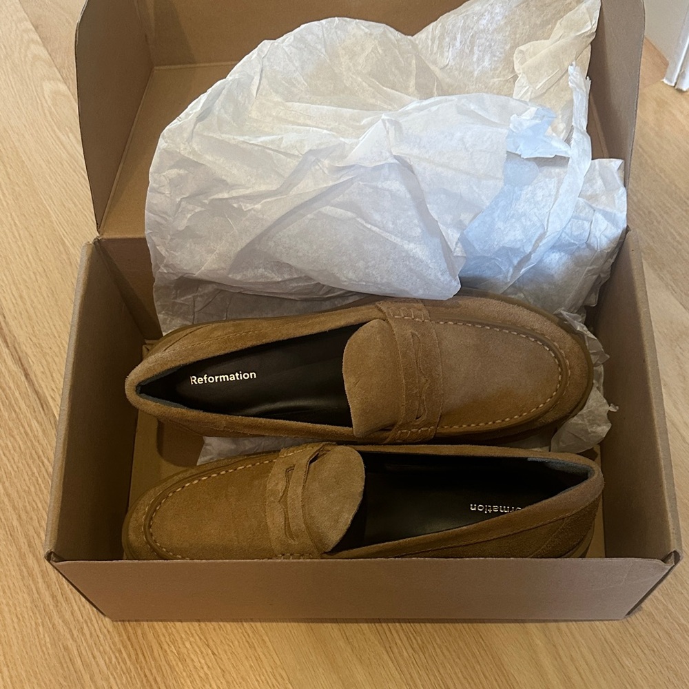 Reformation Agathea chunky Brown Suede Loafers in toasted coconut